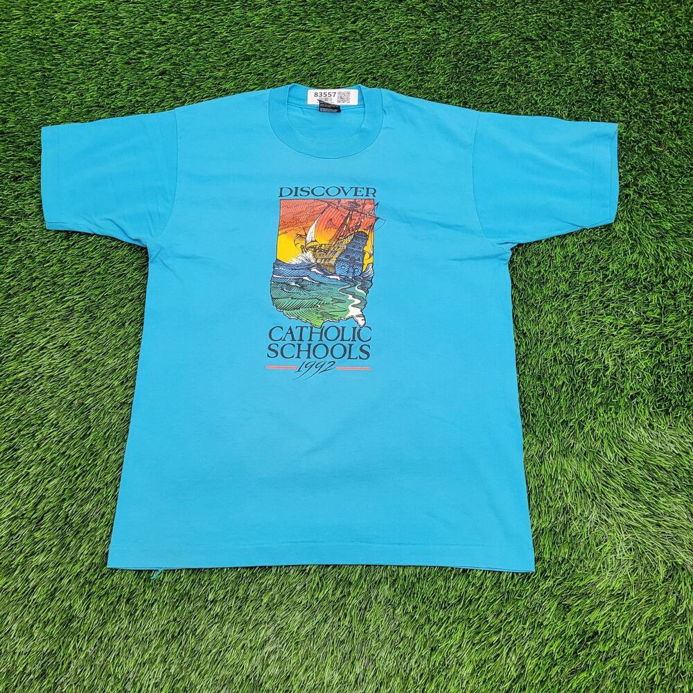 Vintage 1992 Nautical Ship Shirt M/L 20x26 Catholic Schools